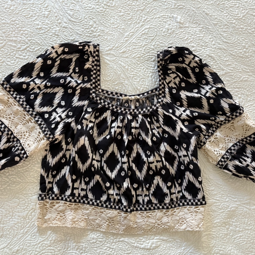 Christian Siriano Boho Ikat Print Crochet Trim Crop Top XS